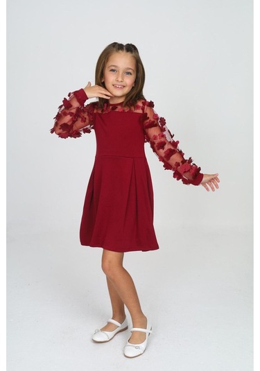 Tül Detaylı Siyah Elbise 2 Bordo