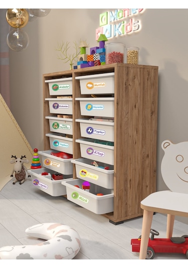 Berra 12 Sepet Stickerlı Çok Amaçlı Dolap Oyuncak Dolabı Çam Diğer