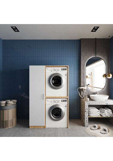 Almera Çamaşır Ve Kurutma Makinesi Dolabı Banyo Dolabı Meşe Beyaz Beyaz - Meşe