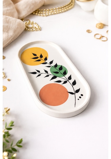 Modern Bohem Tarz Dekoratif Oval Tabak - El Yapımı Botanik Desenli Ev Dekoru 9,5 X 19 Cm