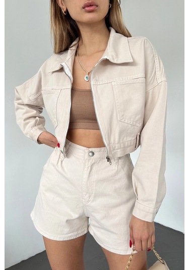 Bej Çift Cepli Fermuarlı Yıkamalı Crop Denim Ceket Bcdf-235410 Çok Renkli