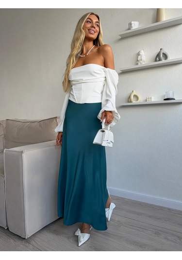 Knitbeat Kadınlar İçin Lastikli Saten Etek 479526530 Zümrüt