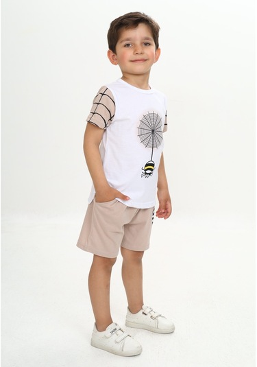 Toontoy Erkek Çocuk Örümcek Detay Baskılı Şortlu Takım Bej