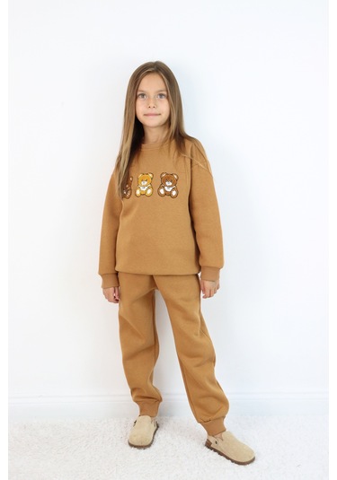 Kız Çocuk 3'lü Ayıcık Nakışlı 3 İplik Oversize Şardonlu Takım Kahverengi