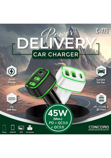 C-775b 45w Pd+qc 3.0 Usb-a Usb-c 45w 2x Usb Araç Şarj Başlığı 4567873