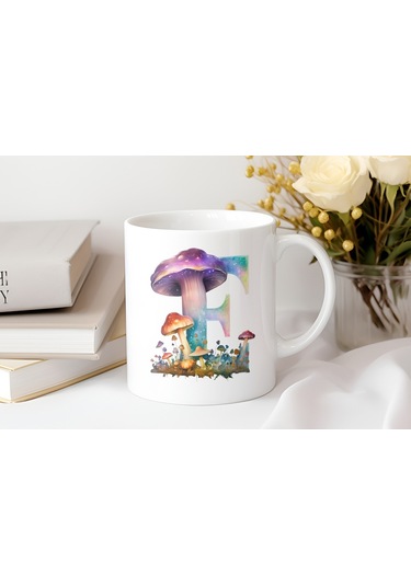 E Baş Harfi Fantastik Mantarlı Kupa Bardak - Kişiye Özel Masalsı Bardak - Hediye Beyaz