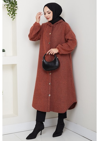 Çizgi Detay Kapüşonlu Kaşe Kap 1634 - Kiremit Kiremit