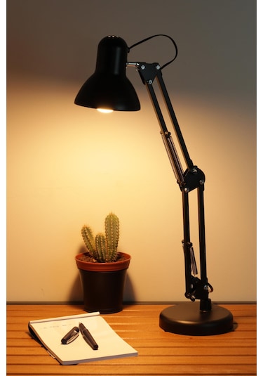 2li Set Masa Lambası + Kronometreli Öğrenci Saati Akrobat Metal 360 Çalışma Masası Lambası Siyah Siyah