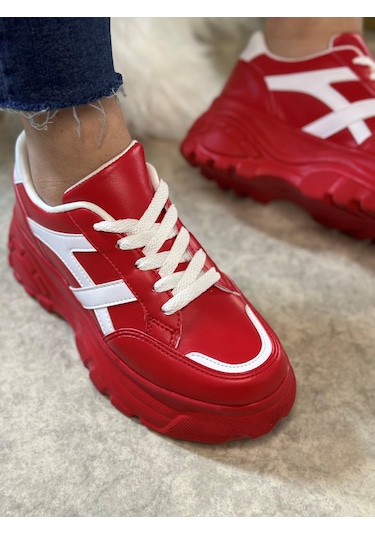 Günlük Kadın Sneaker Kalın Yüksek Taban Bağcıklı Rahat Tiger Şeritli Spor Ayakkabı 032 12 - Kırmızı Beyaz