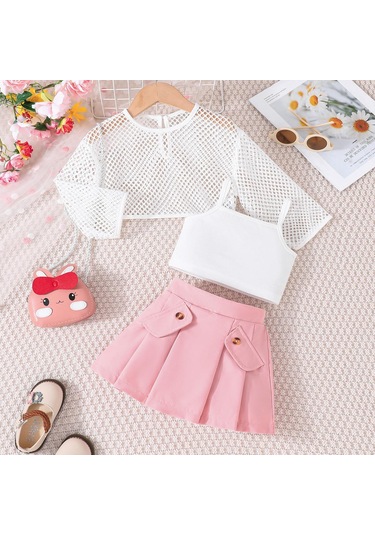 Pembe Çocuk Giyim Kız Setleri Oymak Üst + Cami Üst + Haki Etekler 3 Adet Yaz Takım Elbise Setleri Kızlar Için 12M-6Y Çocuk Giysileri 12M-6Y Pembe