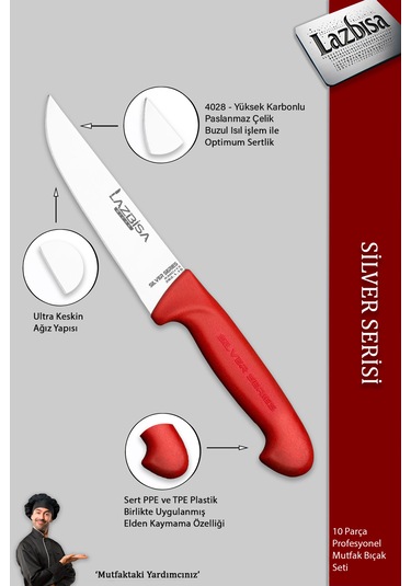 Silver Pro Seri Mutfak Bıçak Seti 10 Parça Et Börek Şef Bıçağı Kırmızı