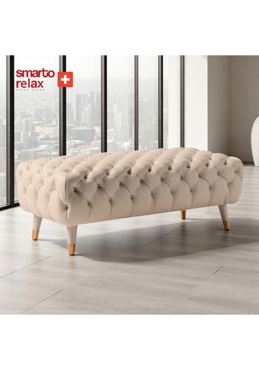 Smarto Relax Puf Adelboden Ahşap Ayaklı Kapitoneli 110x45x40 Cm Bej Bej