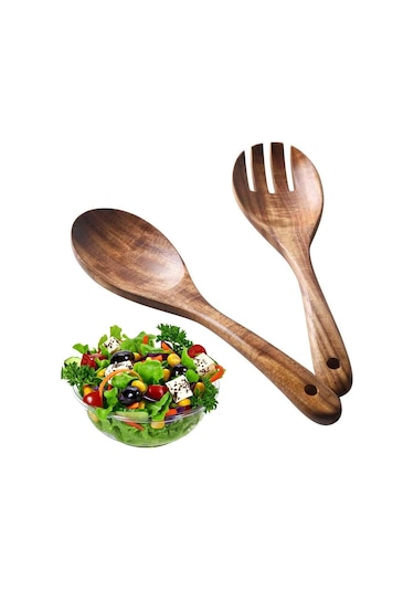 Doğal Ahşap Salata Servis Tabağı 2 Adet Çevre Dostu Yeniden Kullanılabilir Maşa B Diğer