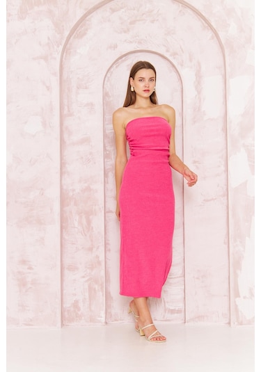 Darlin Moda Kadın Bodycon Straplez Bürümcük Midi Elbise Açık Pembe