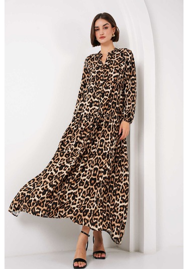 Gabria Ön Düğmeli Desenli Viskon Elbise Leopar