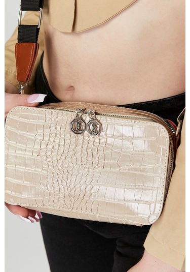 Morpelikan Bej Kroko İki Bölmeli Kadın Omuz Çantası Bej