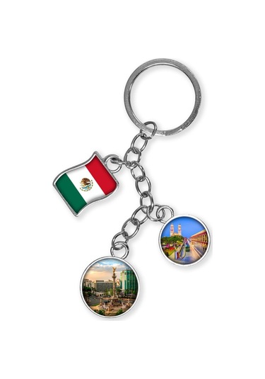 Meksika Üçlü Epoksi Metal Çift Taraflı Damla Anahtarlık Mexico Gümüş