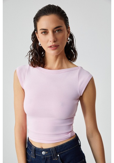 Grımelange Noemı Kadın Balerin Yaka Kısa Kol Slim Fit Ribanalı Pembe Bluz Pembe