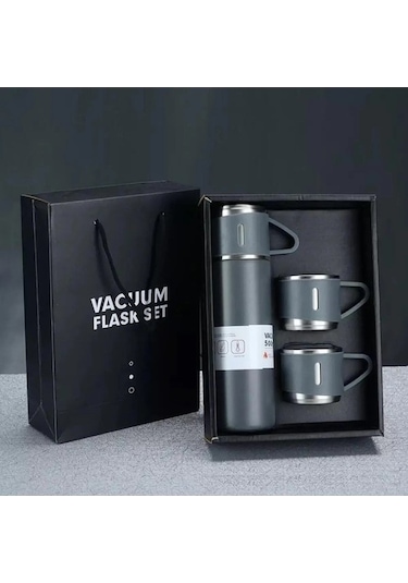 Vacuum Paslanmaz Çelik 3 Bardaklı Vakumlu Termos Set Gri 500 ML Gri