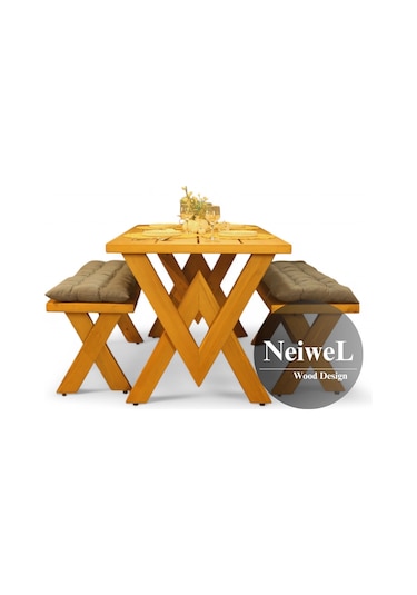 Neiwel Garden Venus Doğal Ahşap Banklı Bahçe Masa Takımı-70-100 Takım Açık Ceviz