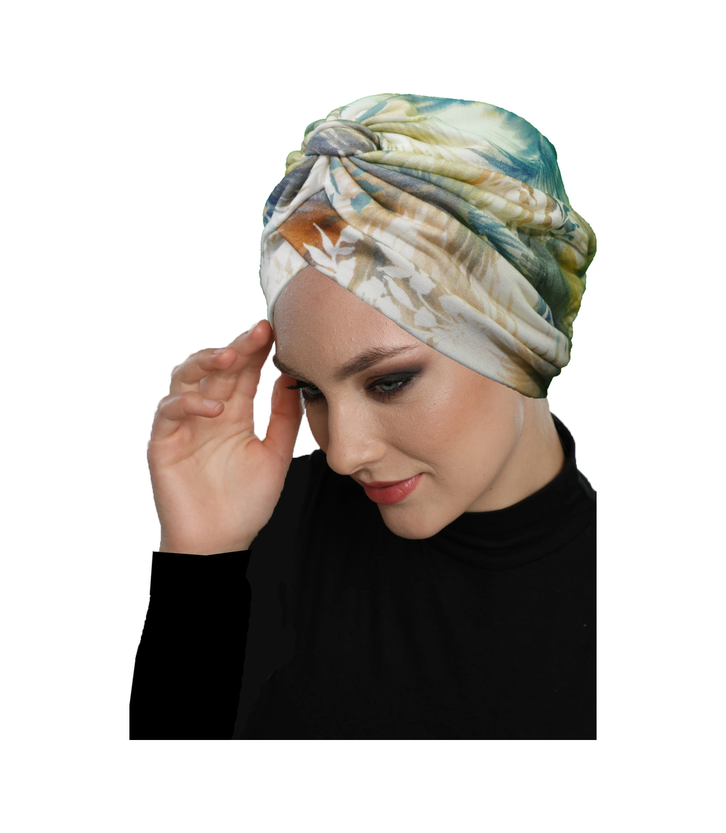 Mira Model Renkli Desenli Çapraz Ve Bant Detaylı Astarlı Hazır Türban Tesettür Havuz Bonesi Bej