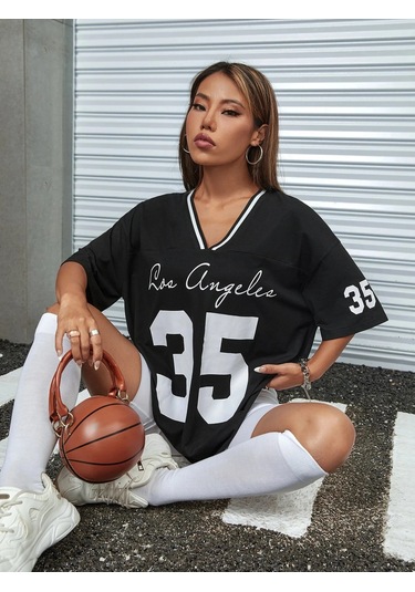 Snapbuy Los Angeles No.35 Kadın Basketbol Forması Yazlık V Yaka Spor T-shirt Black