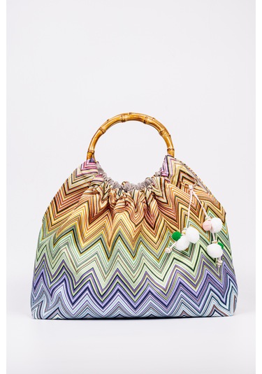 Fabric Craft Bag El Çantası Bambu Saplı Zigzag Desenli Duck Kumaş Çok Renkli