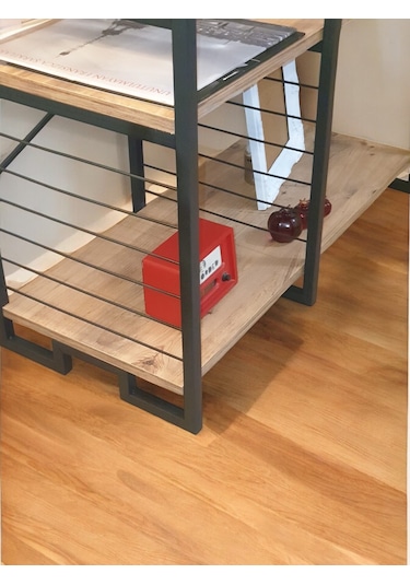 Plak Standı Metal Gövdeli Ahşap Raflı Pilak Köşesi Dresuar Siyah