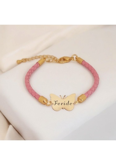 Archin Feride İsmine Özel Kelebek Motifli 14 Ayar Altın Plakalı Doğal Pembe Derili Hediye Bileklik-429isim Feride