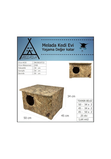 Melada Kedi Evi Dış Ortam Uygun Ahşap Kedi Evi Osb 50x45x34 Cm
