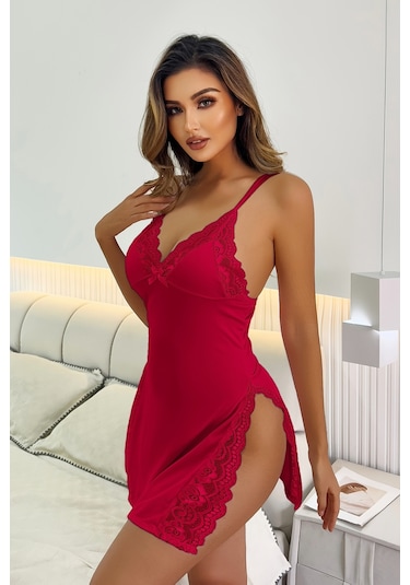 Merry See Dantelli Yanlardan Derin Yırtmaçlı Gecelik Kırmızı