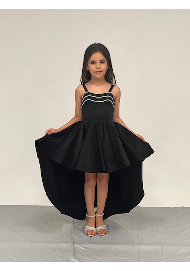 Kız Çocuk Abiye Siyah Saten Kuyruklu Yaka Şerit Taşlı Abiye Elbise 5-10 Yaşyaş Siyah