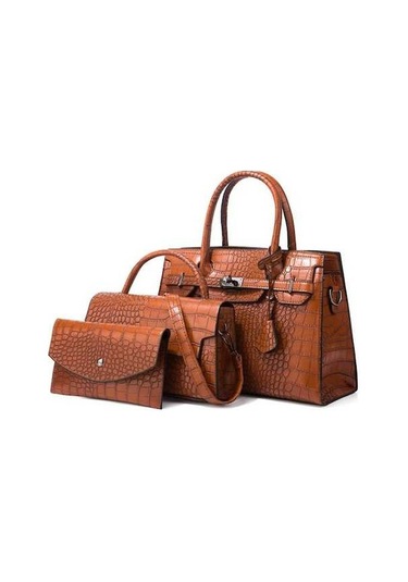 Wondernest Çapraz Desenli Timsah Baskı Tote Çanta 3'ü 1 Arada, Büyük Kapasiteli Kahverengi Kahverengi