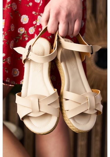 Günlük Kadın Sandalet Bilek Tokalı Yumuşak Rahat Ortopedik Alçak Tabanlı Esnek Ayakkabı 407 Bej