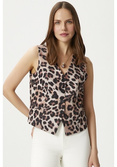 Ritnice Kadın Style Leopar Astarlı Dokuma Yelek Kahverengi - Krem