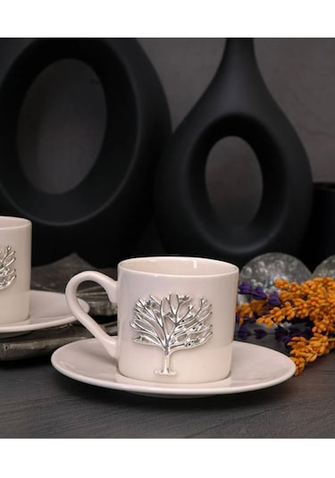 6 Kişilik 12 Parça Porselen Hayat Ağacı Gümüş Kahve Fincan Takımı
