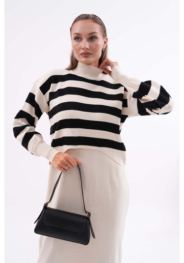 Kadın Triko Askılı Elbise Kazak İkili Takım Krem