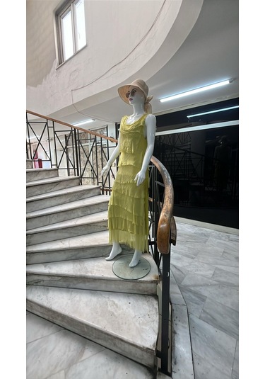 Italyan 2 Beden İnce Gösteren Kat Kat Sıfır Kol İpek Elbise-8769 Koyu Sarı