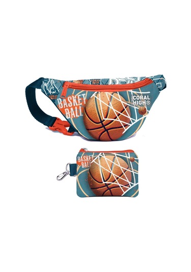 Coral High Erkek Çocuk Nefti Turuncu Basketbol Desenli Bel Çantası Ve Bozuk Para Cüzdanı Set Çok Renkli