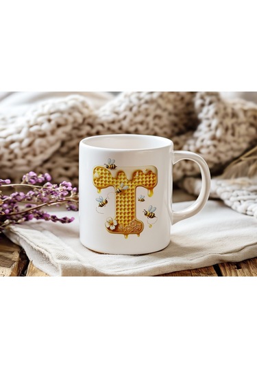 T Harfi Bal Arısı Tasarım Kupa Bardak - Bal Ve Petek Desenli Kişiye Özel Kahve Kupası - Hediyelik Beyaz