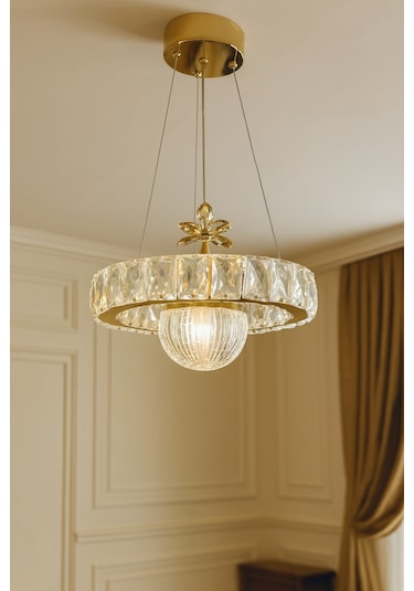 Bestof Tek Top Taşlı Led Avize Gold