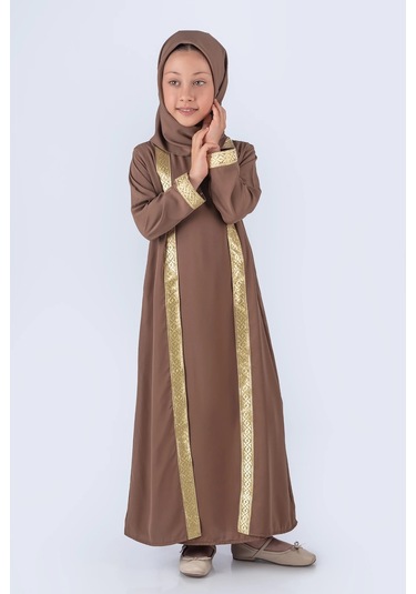 Eşarplı Ferace Medine İpek Kumaş Kız Çocuk Kahverengi