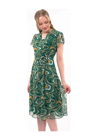 Kadın Desenli Kruvaze Yaka Midi Şifon Elbise 4445/110 Zümrüt Yeşili