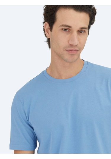 Mavi Düz Bisiklet Yaka %100 Pamuk T-shirt Mavi