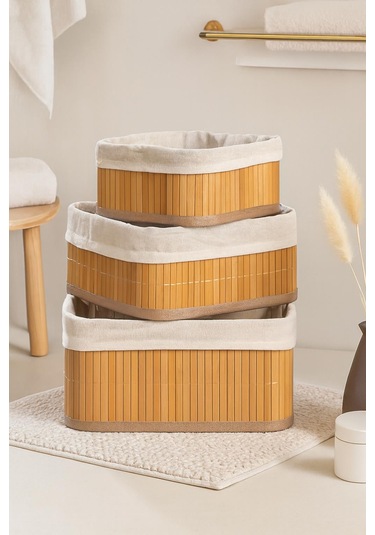 3 Lü Kare Doğal Bambu Sepet Seti - Pinterest Dekoratif Organizer Düzenleyici Sepet Takımı Bambu