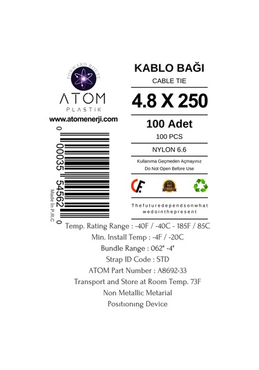 Kablo Bağı 4.8 X 250 Plastik Cırt Kelepçe Kablo Düzenleyici Cable Tie