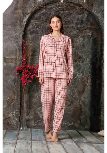 Kadın Mevsimlik Pamuklu Penye Pijama Takımı Önden Düğmeli Turuncu