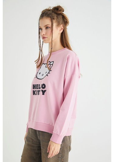 Hello Kitty Lisanslı Baskılı Oversize Fit Pembe Sweatshirt Renkli