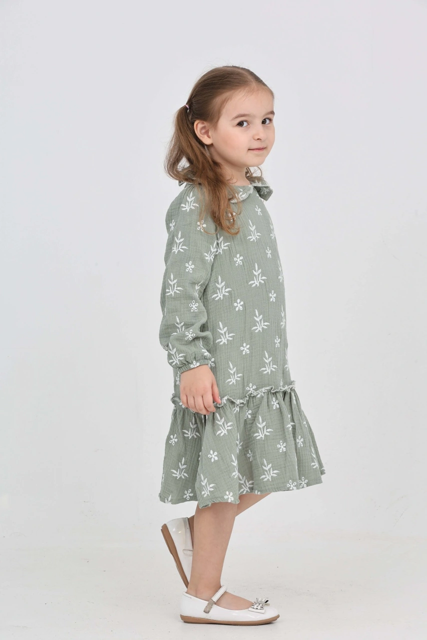 Toontoy Kız Çocuk Çiçek Nakışlı Bebe Yaka Elbise Açık Yeşil