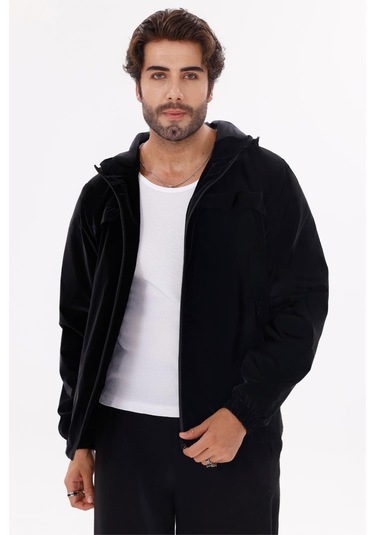 Erkek Kapüşonlu Nova Kumaş Hafif Ve Dayanıklı Şık Mevsimlik Su Ve Rüzgar Geçirmez Yağmurluk Siyah